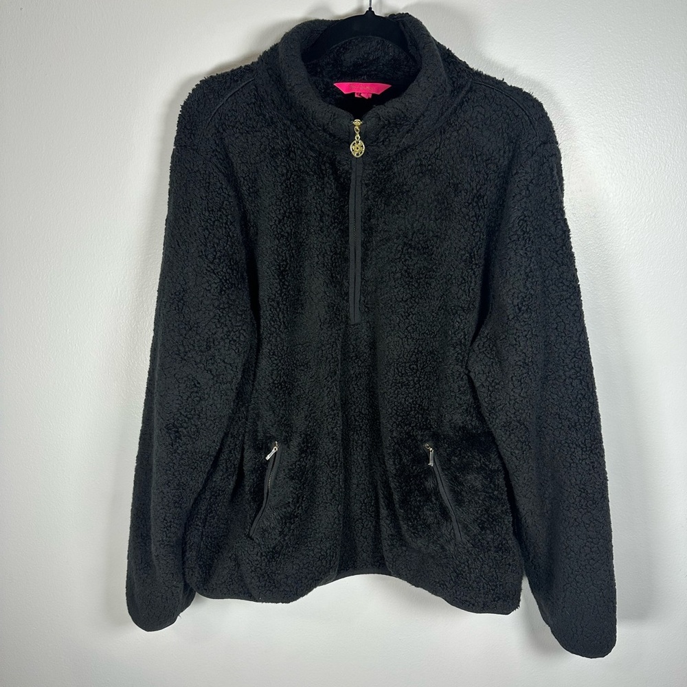 Lilly Pulitzer Black Skipper Sherpa Half Zip Popover Jacket Size XXL